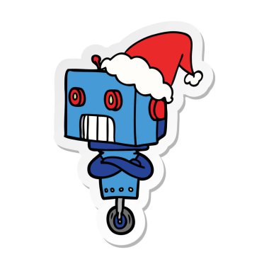 etiket karikatür Noel Baba şapkası giyen bir robot el çekilmiş