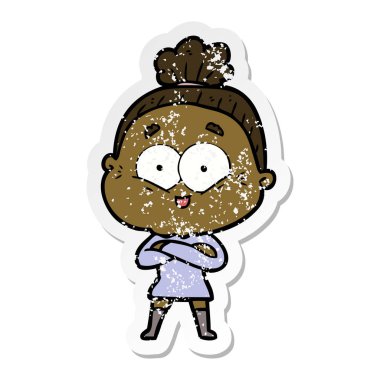 bir karikatür mutlu yaşlı kadının sıkıntılı etiket