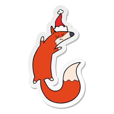 etiket karikatür Noel Baba şapkası giyen bir atlama Fox el çekilmiş