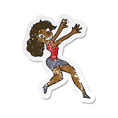 Retro sıkıntılı etiket atlama bir karikatür mutlu kadın