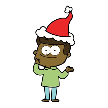 Noel Baba şapkası giyen mutlu bir adamın çizgi çizme