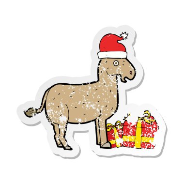 Retro sıkıntılı etiket bir karikatür Noel eşek