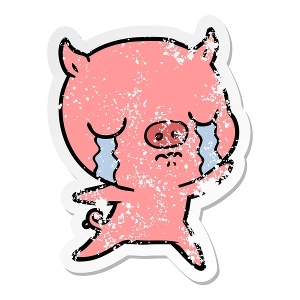 Distressed sticker of a cartoon pig crying — Stock Vector