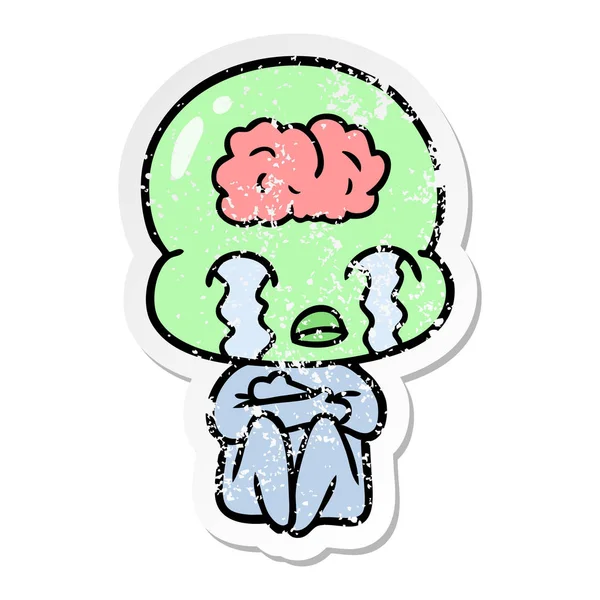 Etiqueta angustiada de um desenho animado grande cérebro alienígena chorando —  Vetores de Stock
