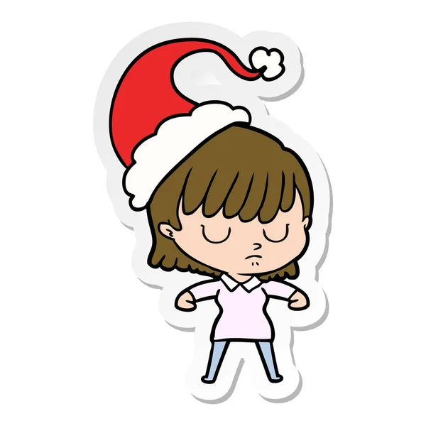 산타 모자를 착용 해 여자의 스티커 만화 — 스톡 벡터