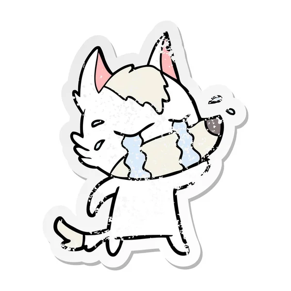 Verontruste sticker van een cartoon huilende wolf — Stockvector