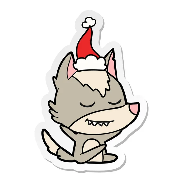 Freundliche Handgezeichnete Aufkleber Karikatur Eines Wolfes Mit Weihnachtsmütze — Stockvektor