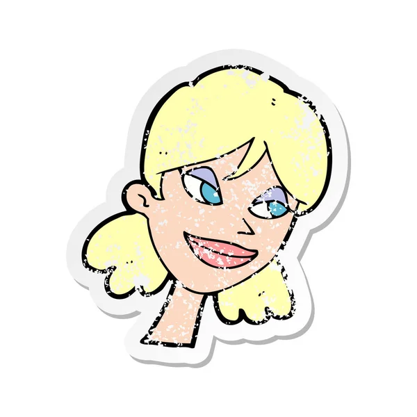 Retro noodlijdende sticker van een cartoon blij vrouwelijke gezicht — Stockvector