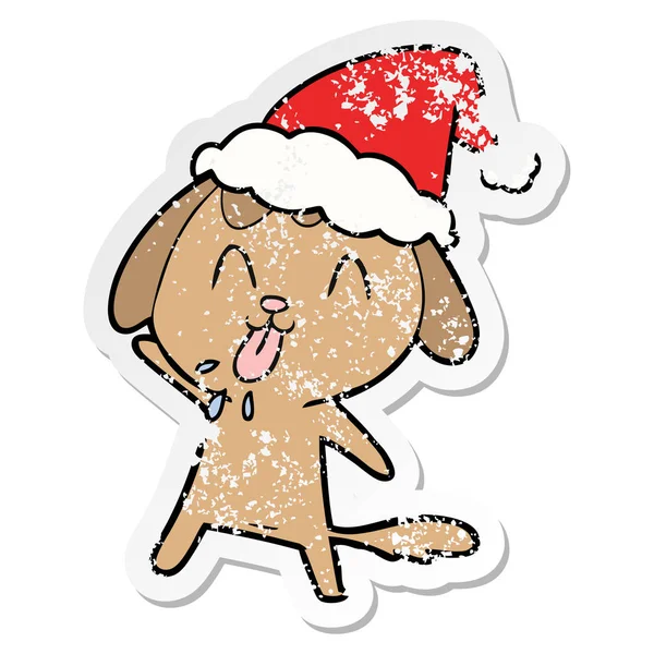 산타 모자를 쓰고 강아지의 귀여운 고민된 스티커 만화 — 스톡 벡터