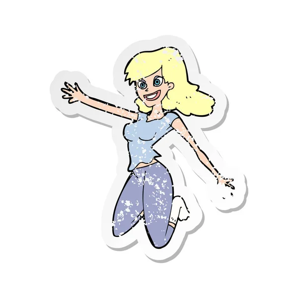 Pegatina Retro Angustiado Una Mujer Que Salta Dibujos Animados — Vector de stock