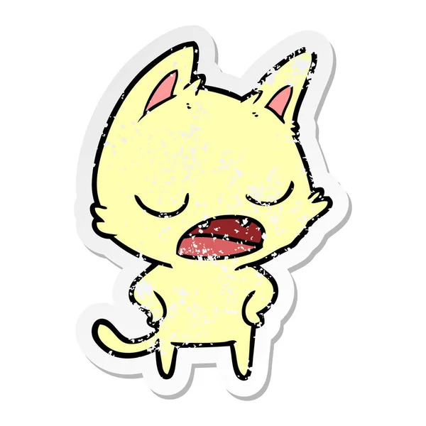 Konuşan bir kedi karikatür sıkıntılı etiket — Stok Vektör