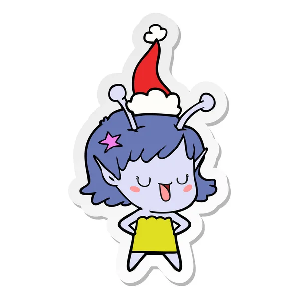 Feliz chica alienígena pegatina de dibujos animados de un sombrero de Santa Claus — Vector de stock