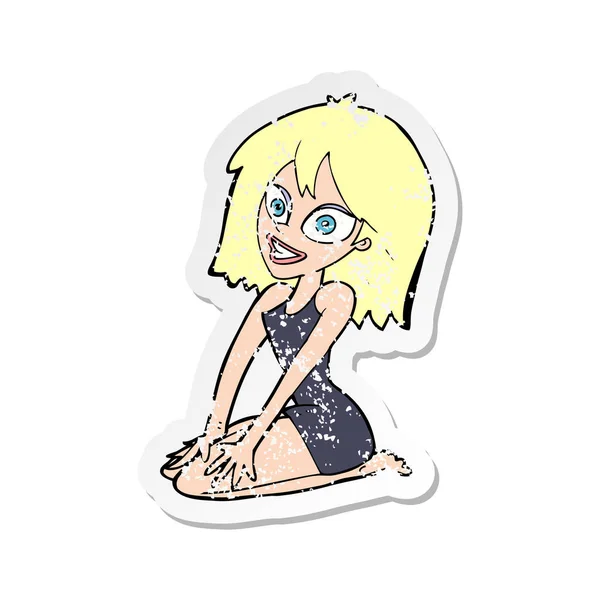 Retro Distressed Sticker Cartoon Happy Woman Dress — Stock Vector