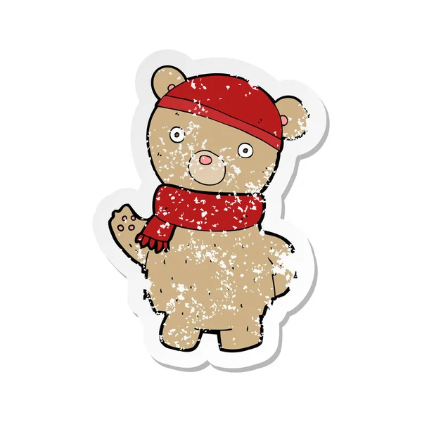 Ретро проблемный наклейка мультяшного плюшевого медведя в зимней шляпе — стоковый вектор