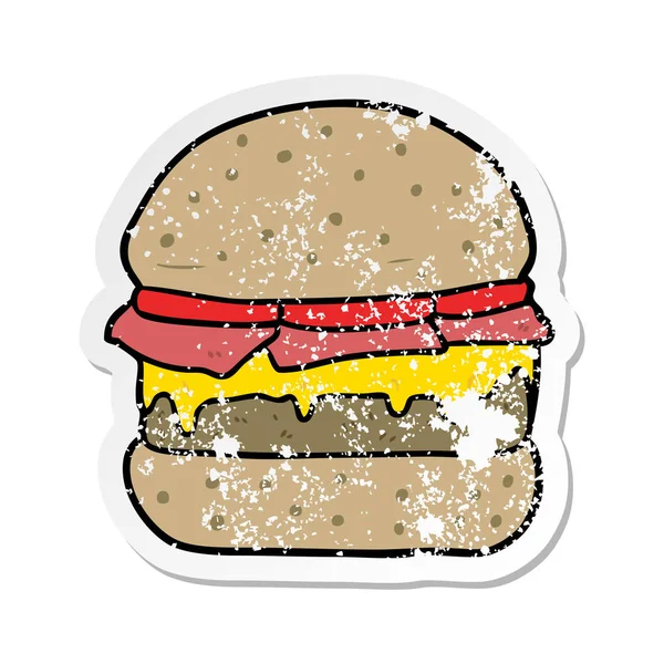 Pegatina angustiada de una hamburguesa de dibujos animados — Vector de stock