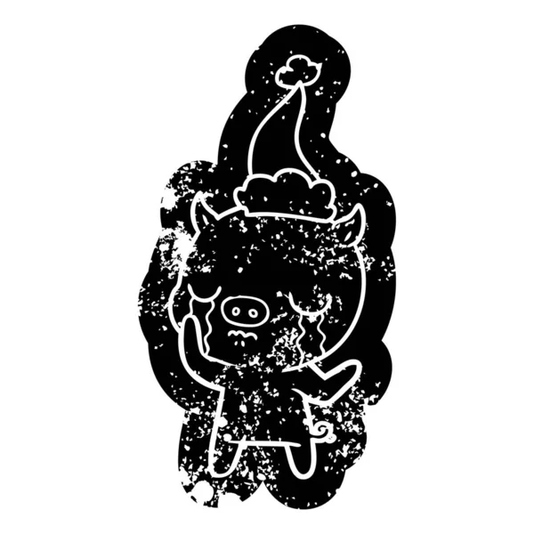 De noodlijdende pictogram cartoon van een varken huilen dragen KERSTMUTS — Stockvector