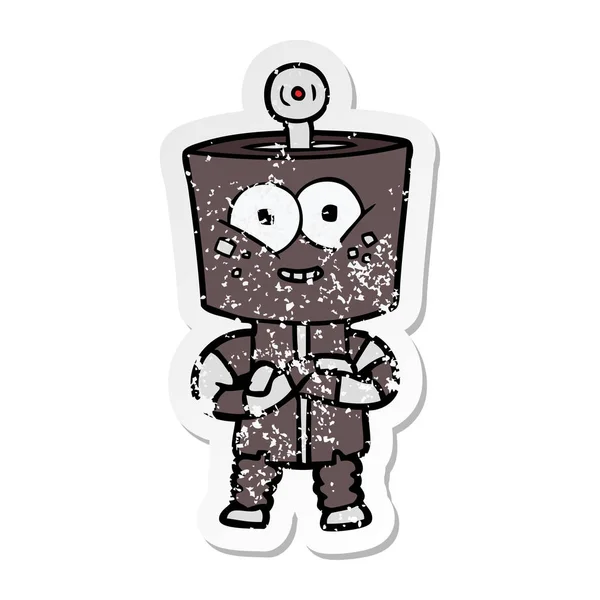 Verontruste sticker van een happy cartoon-robot — Stockvector