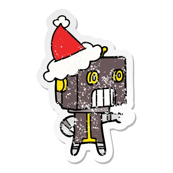 Dibujos animados pegatina angustiado de un robot con sombrero de santa — Vector de stock