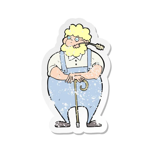 Retro Distressed Sticker Cartoon Farmer Leaning Walking Stick — Stock Vector