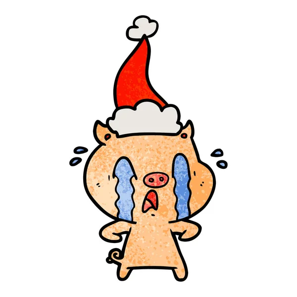 Crying pig textured cartoon of a wearing santa hat — Stock Vector