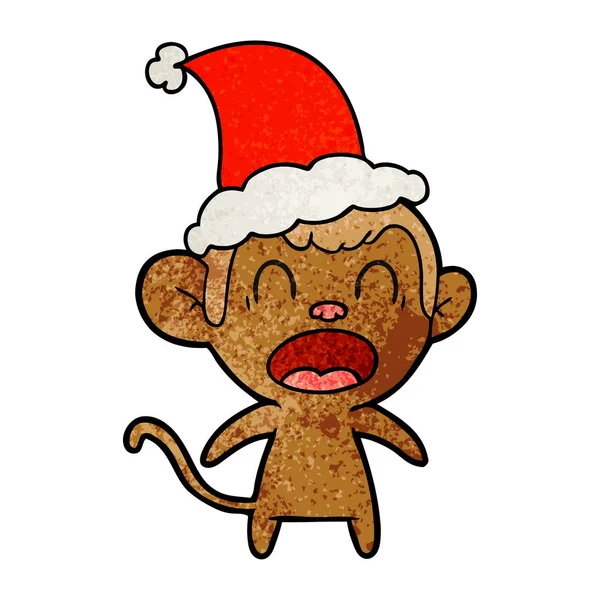 산타 모자를 쓰고 원숭이의 소리 질감된 만화 — 스톡 벡터