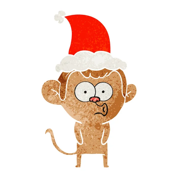 Hand Drawn Retro Cartoon Hooting Monkey Wearing Santa Hat — Stock Vector
