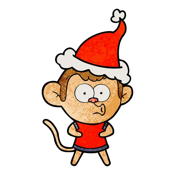 Caricatura texturizada de un mono sorprendido con sombrero de santa — Vector de stock