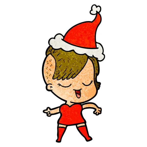 Fröhliche texturierte Karikatur eines Mädchens mit Weihnachtsmütze — Stockvektor