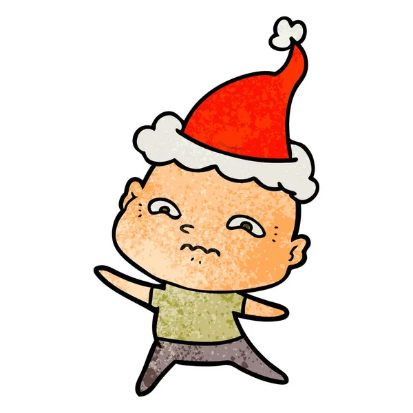 Texturierte Karikatur eines nervösen Mannes mit Weihnachtsmütze — Stockvektor