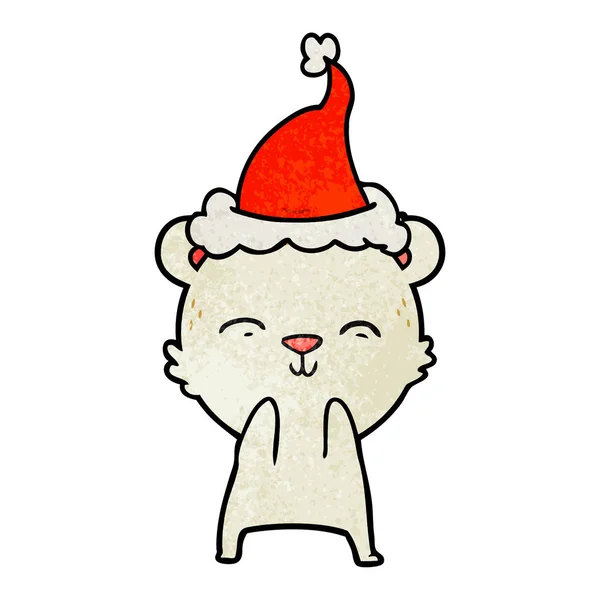 Glückliche Handgezeichnete Texturierte Karikatur Eines Eisbären Mit Weihnachtsmütze — Stockvektor