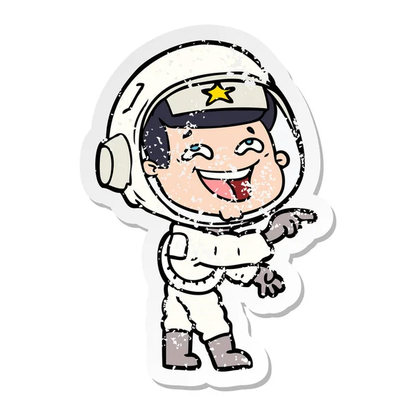 Verontruste sticker van een cartoon lachen astronaut — Stockvector
