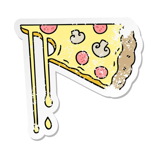 Nödställda klistermärke på en udda hand dras tecknad cheesy pizza — Stock vektor