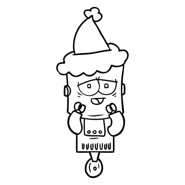 Dibujo en línea de un robot con sombrero de santa — Vector de stock