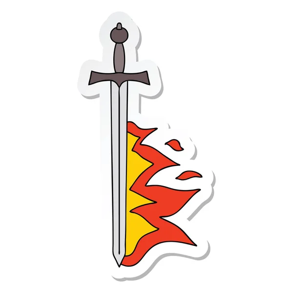 Sticker of a quirky hand drawn cartoon flaming sword — Stock Vector