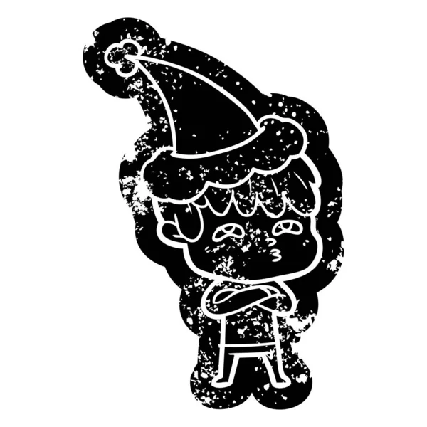 산타 모자를 쓰고 호기심 남자의 만화 고민된 아이콘 — 스톡 벡터