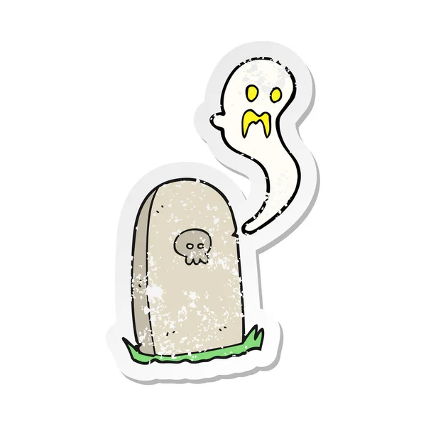 Pegatina retro angustiado de un fantasma de dibujos animados que se levanta de la tumba — Vector de stock