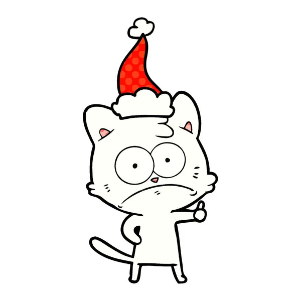 Illustrazione in stile fumetto di un gatto nervoso che indossa il cappello di Babbo Natale — Vettoriale Stock