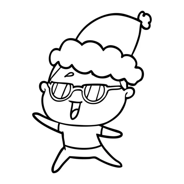 Ręcznie Rysowane Rysunek Linii Szczęśliwą Kobietą Noszenie Okularów Kapeluszu Santa — Wektor stockowy