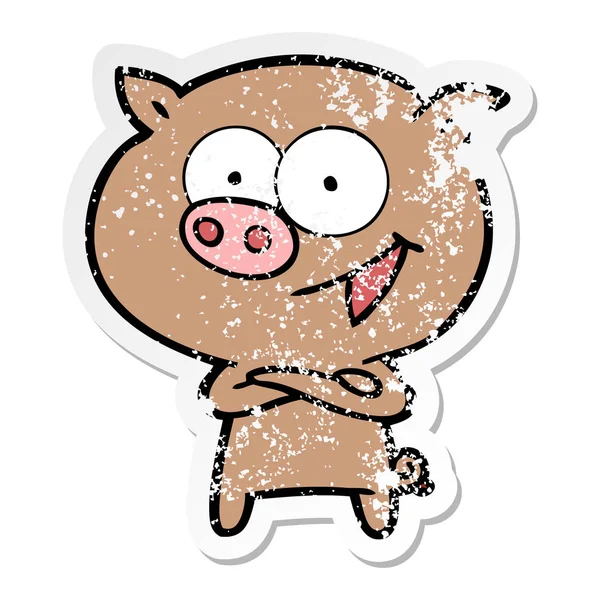 Distressed Sticker Cheerful Pig Cartoon — Stock Vector