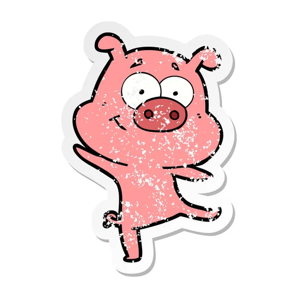 Autocollant de détresse d'un cochon de dessin animé heureux dansant — Image vectorielle