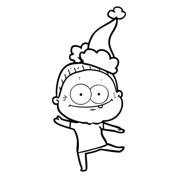 Dessin au trait d'une heureuse vieille femme portant un chapeau de Père Noël — Image vectorielle