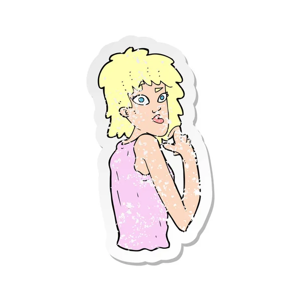 Ретро стресова наклейка мультфільму здивована жінка — стоковий вектор