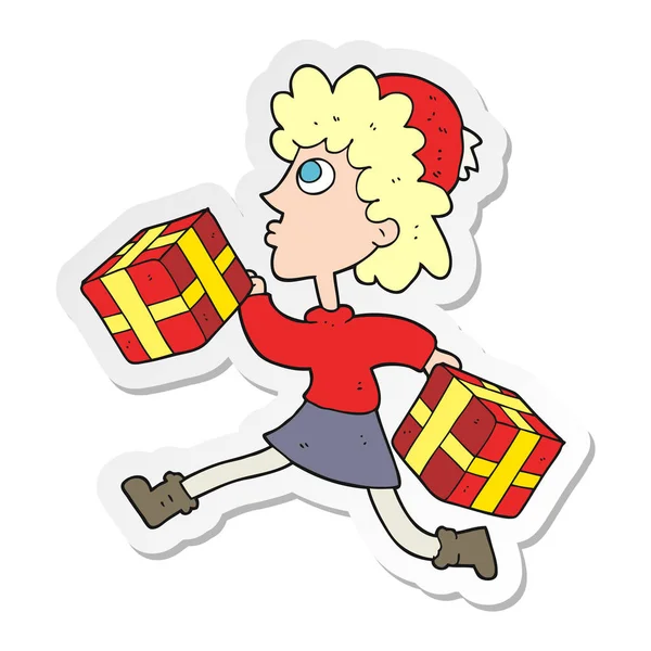 Sticker of a cartoon running woman with presents — Stock Vector