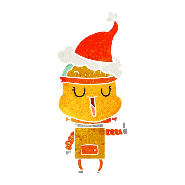 Dibujos Animados Retro Dibujado Mano Feliz Robot Con Sombrero Santa — Vector de stock