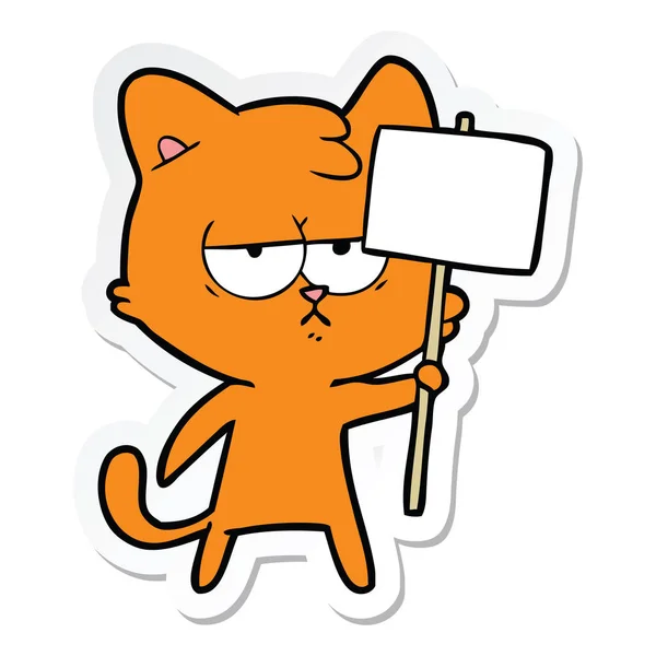Sticker Van Een Verveeld Cartoon Kat Met Teken Post — Stockvector