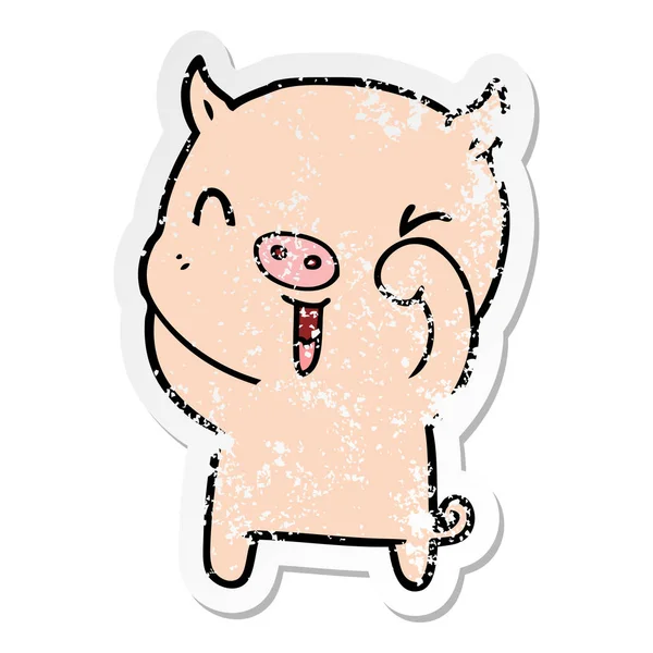 Distressed sticker of a happy cartoon pig — Stock Vector