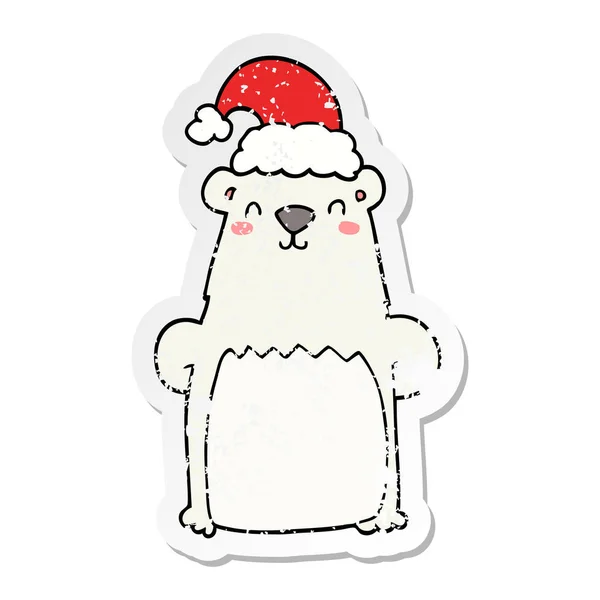 Distressed sticker of a cartoon bear wearing christmas hat — Stock Vector