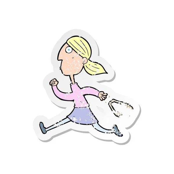 Наклейка бегущей по мультфильмам женщины с стрессом — стоковый вектор