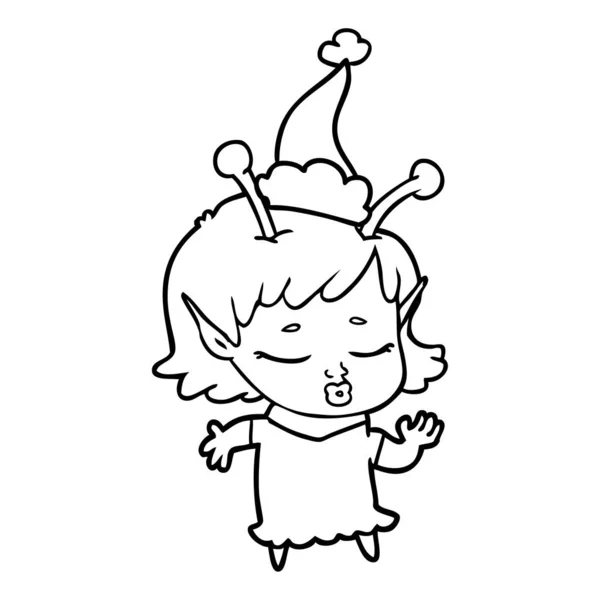 可爱的外星女孩线画戴圣诞老人的帽子 — 图库矢量图片