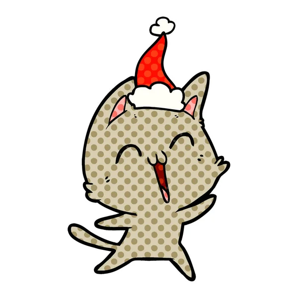 Happy comic style illustration of a cat wearing santa hat — стоковый вектор